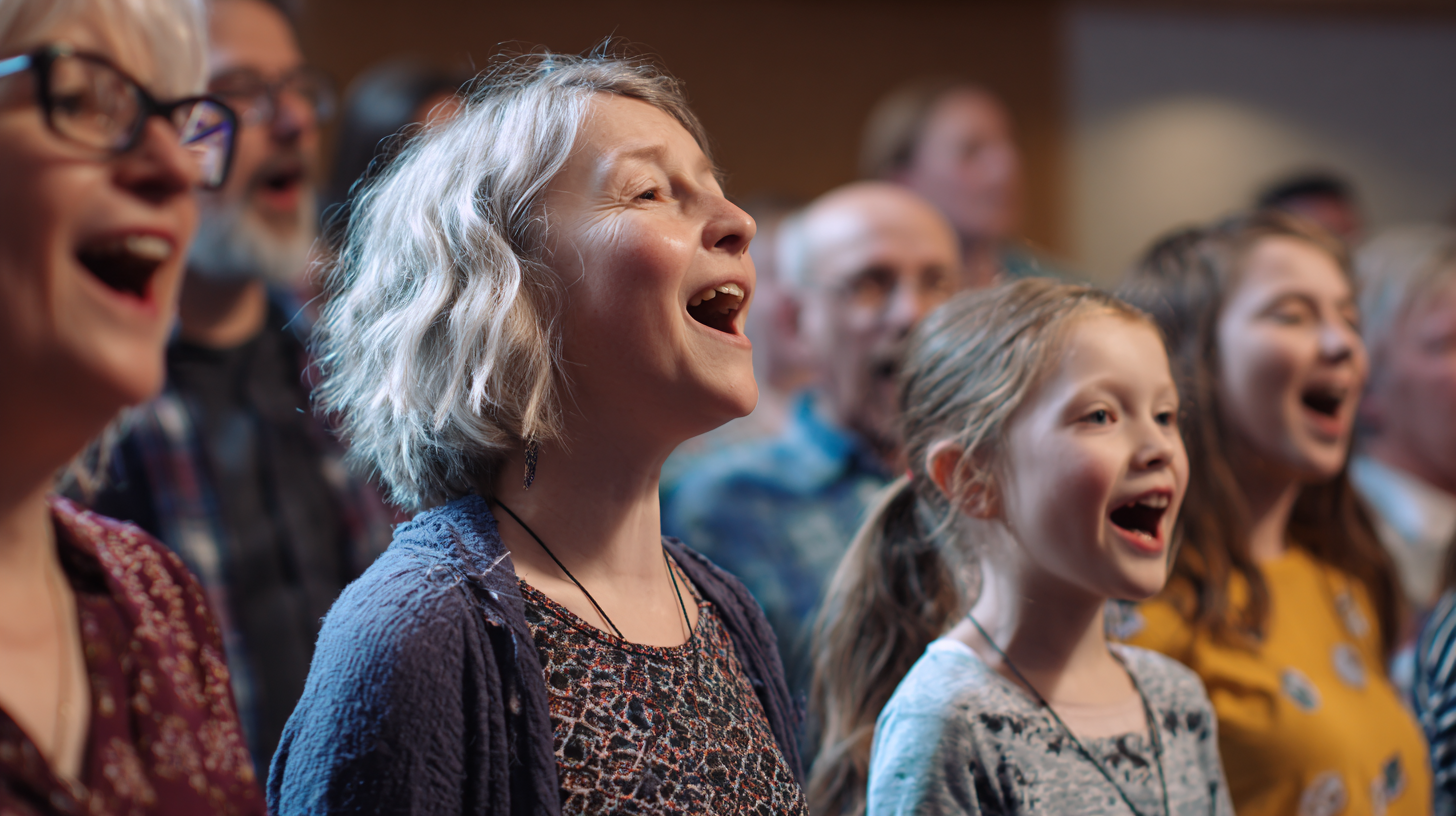 a small group of people of all ages singing heartily